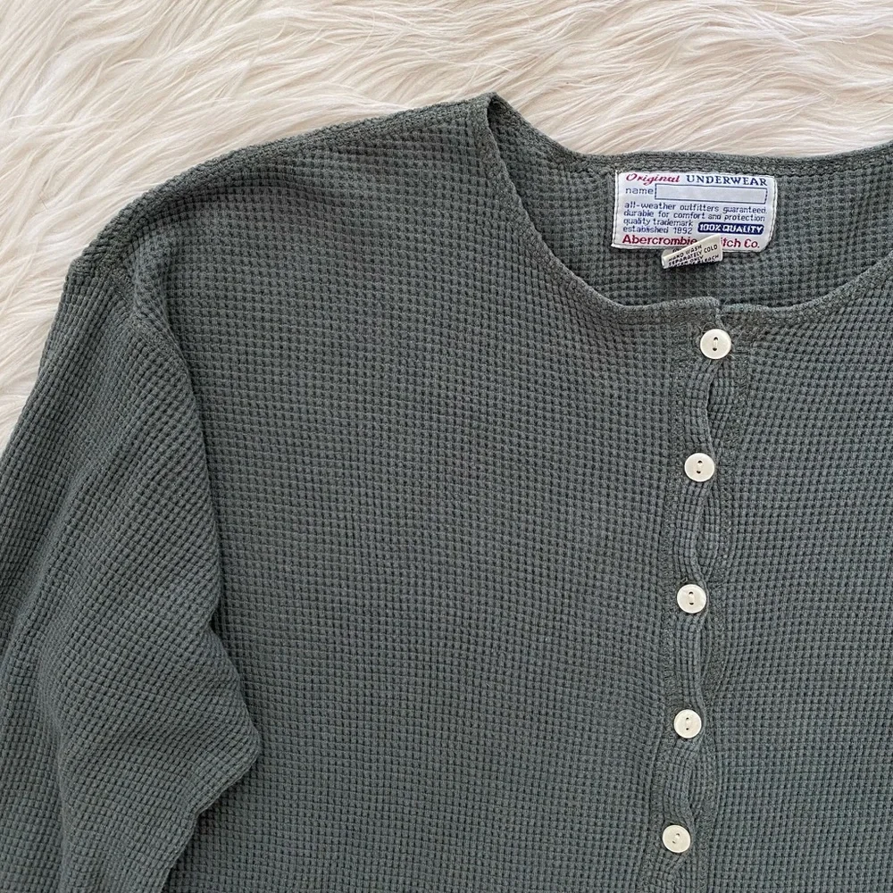 Vintage Abercrombie Y2K 90s Sage Green Button Front Thermal Waffle Knit Shirt - Picture 3 of 11
